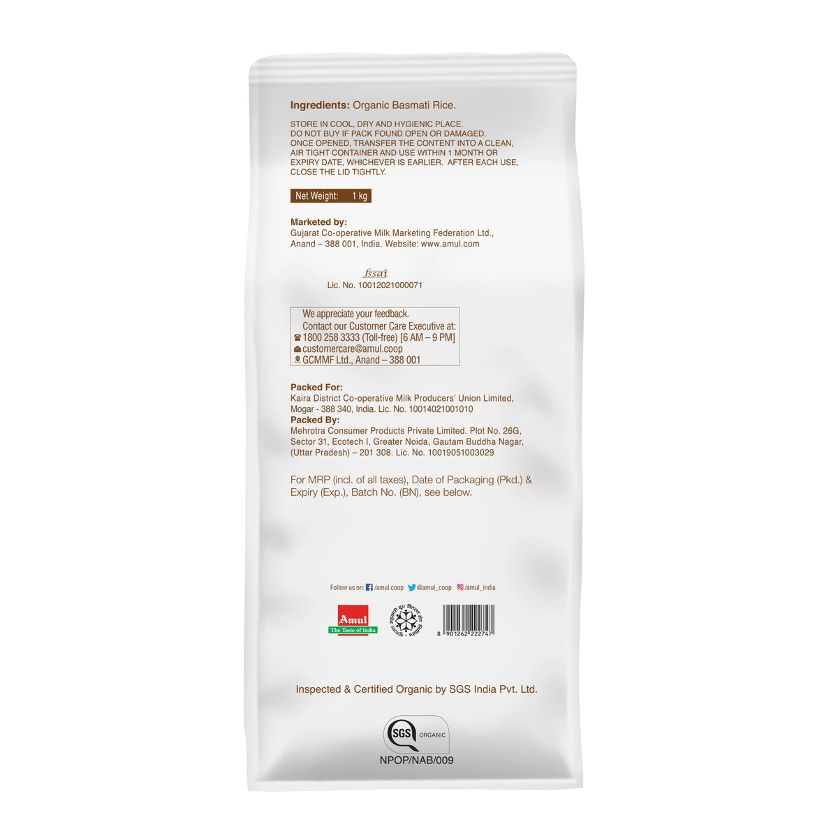 Amul Organic Basmati Rice, 1 kg – Shivpuri Farm